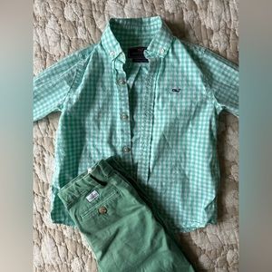 Vineyard vines whale shirt (and pants) size 5 green and white gingham